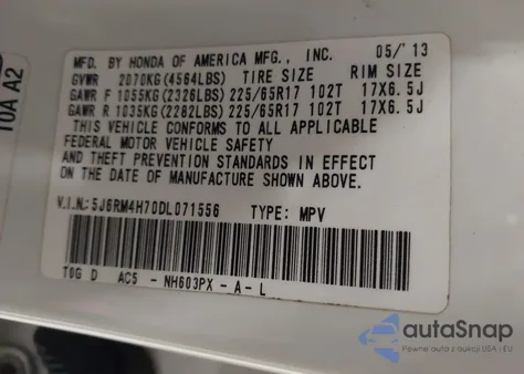 2013 Honda Cr-V Ex-L z USA, uszkodzony, nr VIN 5J6RM4H70DL071556